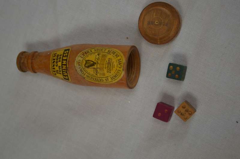 7cm miniature  Guiness wooden bottle with 3 tiny die