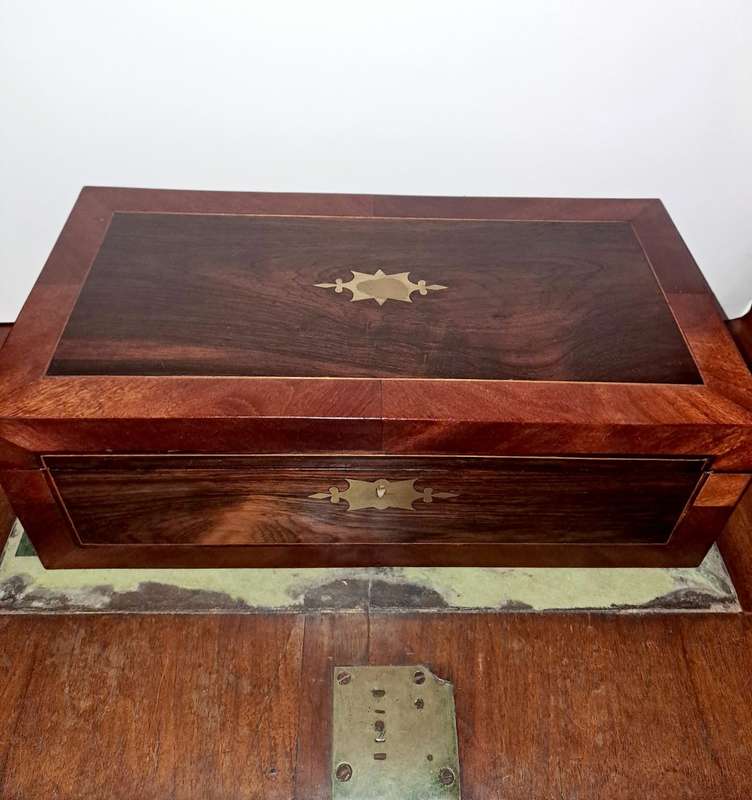 Beautiful large Rosewood writing slope ca 1860 with 2 ink wells and brass fittings