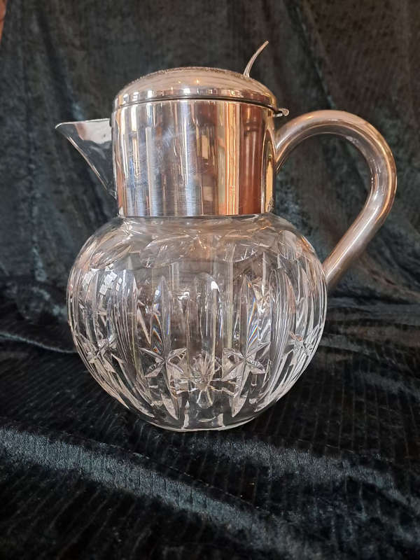 German EPNS cutt glass Chrystal pitcher with ice cooler insert