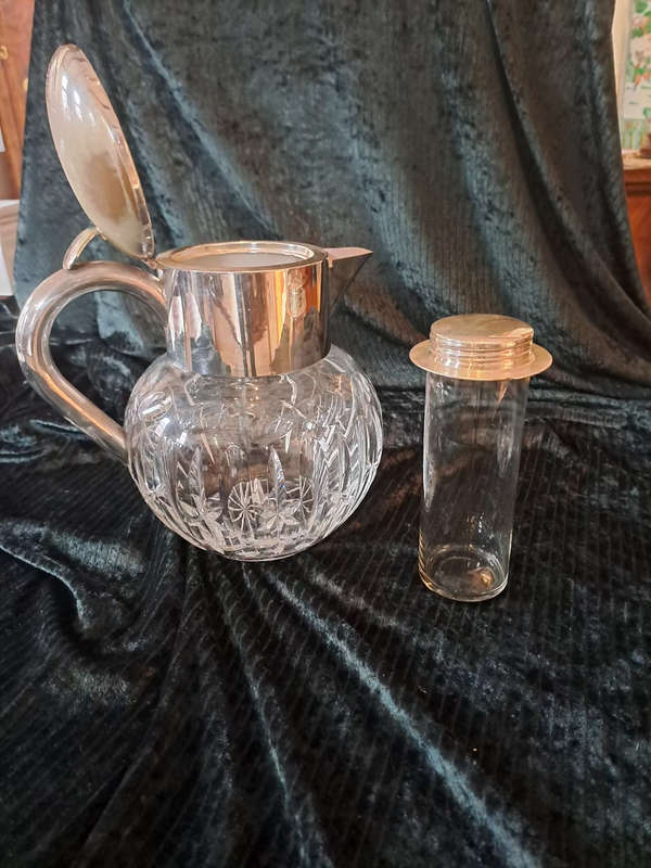 German EPNS cutt glass Chrystal pitcher with ice cooler insert