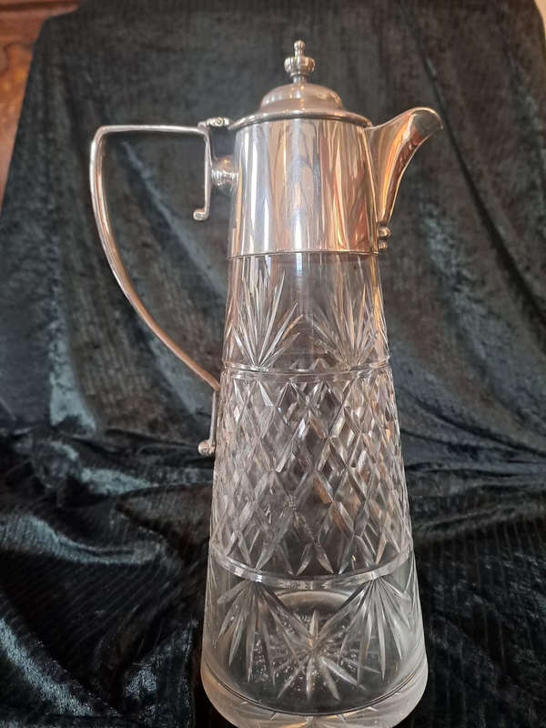 Beautiful early 1900`s cut glass crystal Claret jug with silver plate mountings