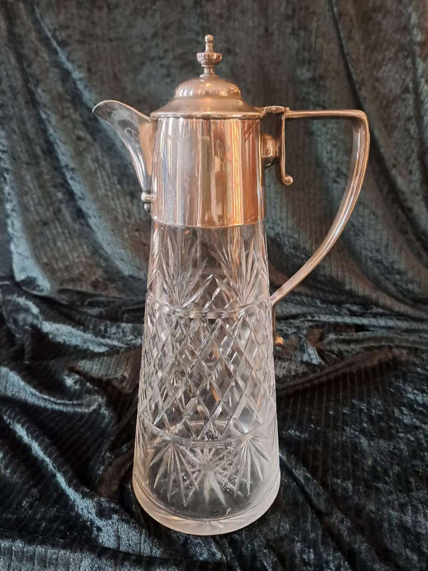 Beautiful early 1900`s cut glass crystal Claret jug with silver plate mountings
