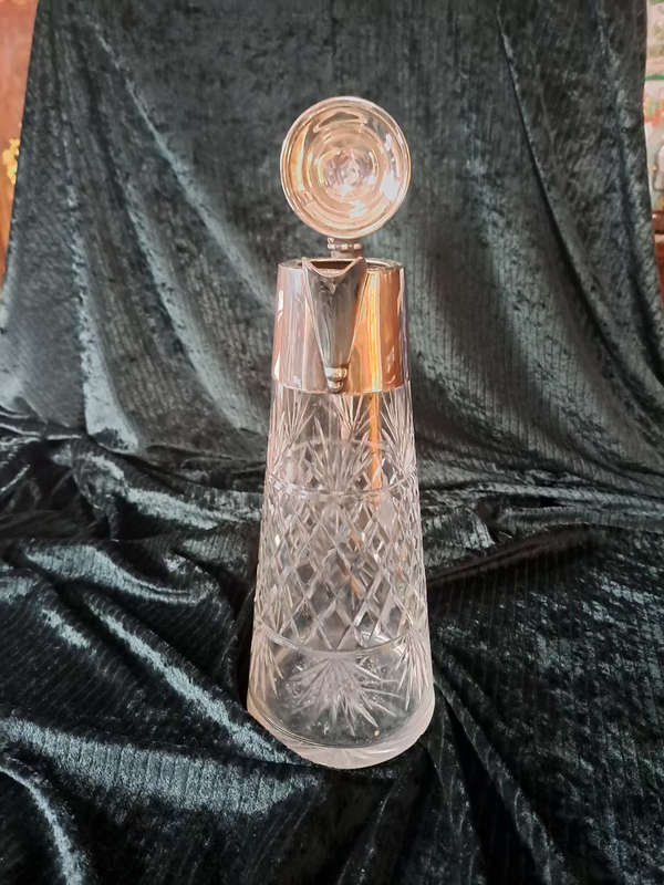 Beautiful early 1900`s cut glass crystal Claret jug with silver plate mountings