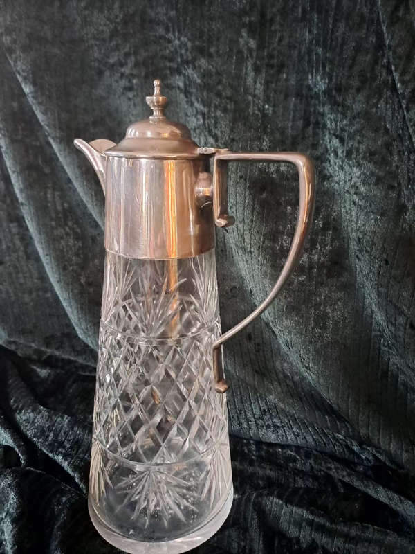 Beautiful early 1900`s cut glass crystal Claret jug with silver plate mountings