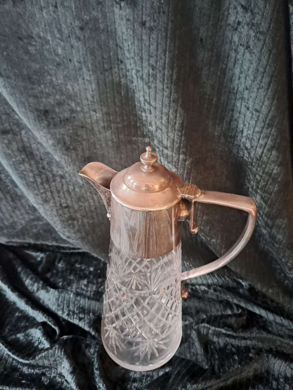 Beautiful early 1900`s cut glass crystal Claret jug with silver plate mountings