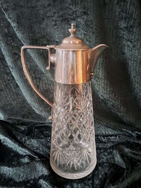 Beautiful early 1900`s cut glass crystal Claret jug with silver plate mountings
