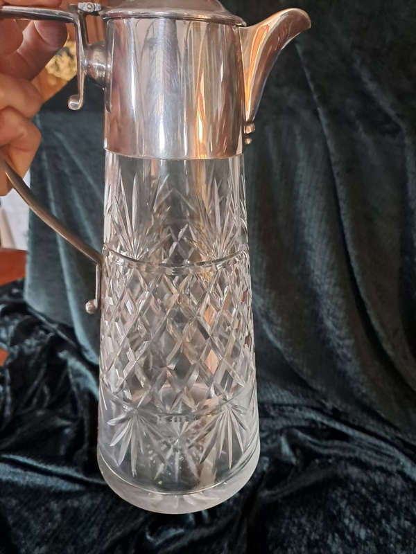 Beautiful early 1900`s cut glass crystal Claret jug with silver plate mountings
