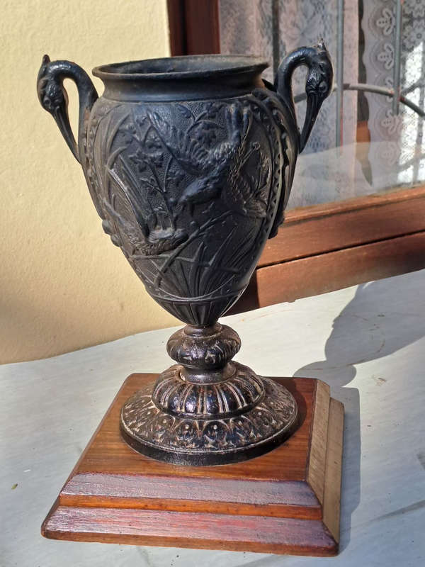 Antique spelter urn/vase with crane and hawk detail 35cm tall  REDUCED