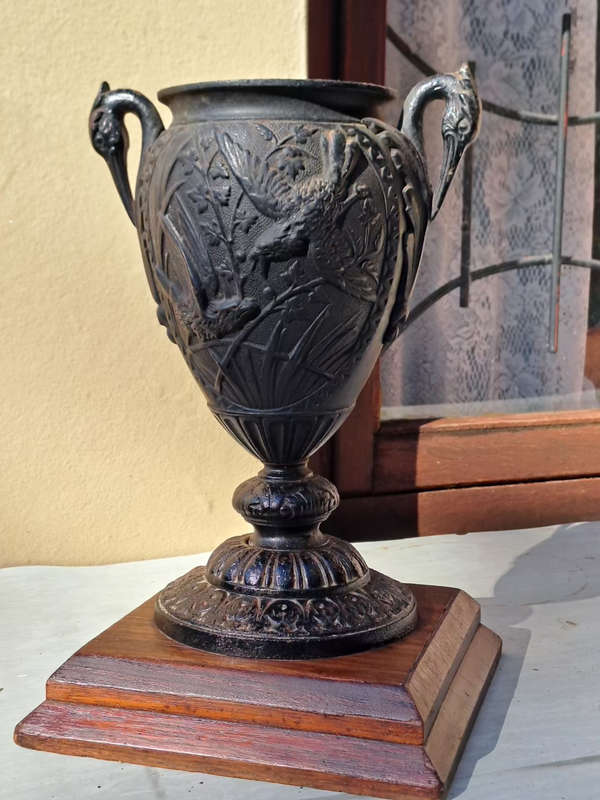 Antique spelter urn/vase with crane and hawk detail 35cm tall  REDUCED