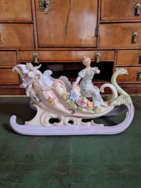German Bisque Capodimonte Swan Sleigh Porcelain Cornucopia Centerpiece Vintage