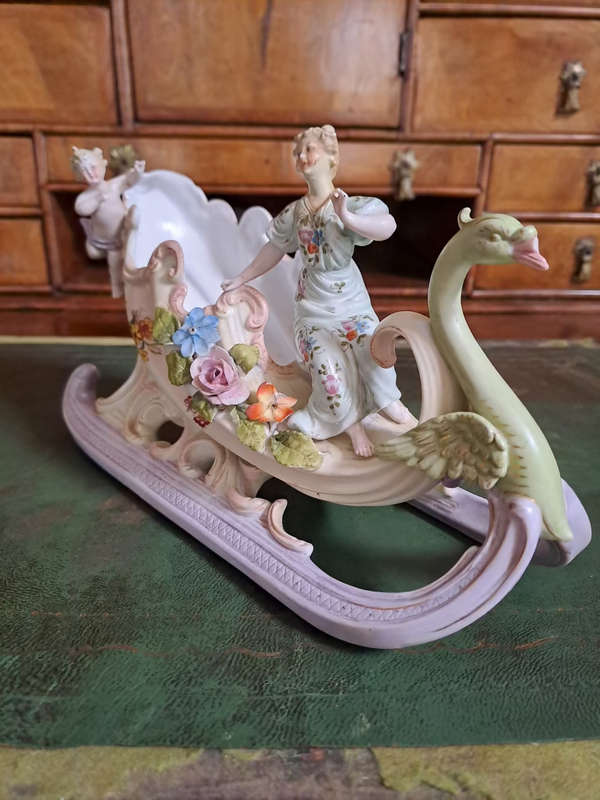 German Bisque Capodimonte Swan Sleigh Porcelain Cornucopia Centerpiece Vintage