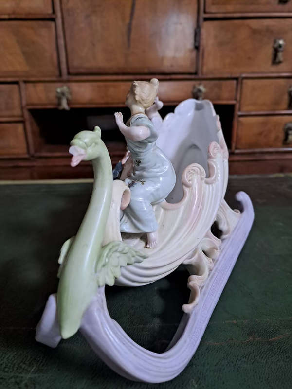 German Bisque Capodimonte Swan Sleigh Porcelain Cornucopia Centerpiece Vintage