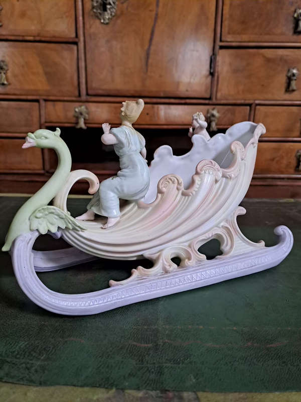 German Bisque Capodimonte Swan Sleigh Porcelain Cornucopia Centerpiece Vintage