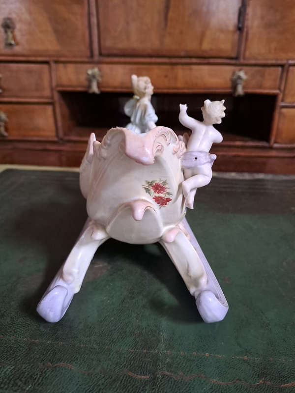German Bisque Capodimonte Swan Sleigh Porcelain Cornucopia Centerpiece Vintage
