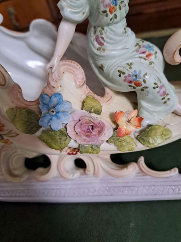 German Bisque Capodimonte Swan Sleigh Porcelain Cornucopia Centerpiece Vintage