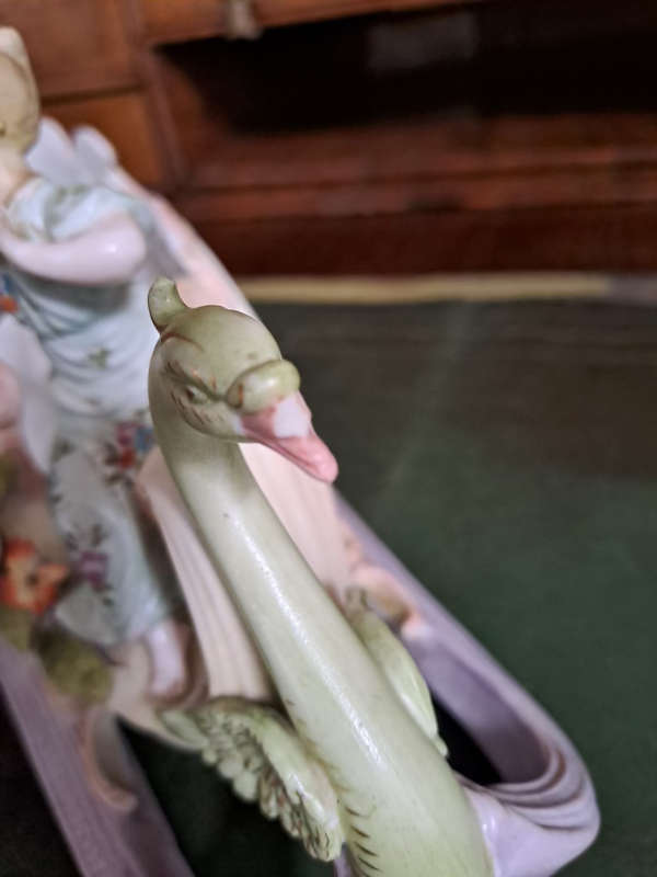 German Bisque Capodimonte Swan Sleigh Porcelain Cornucopia Centerpiece Vintage