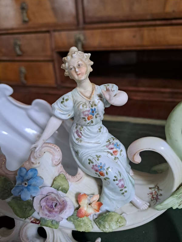 German Bisque Capodimonte Swan Sleigh Porcelain Cornucopia Centerpiece Vintage