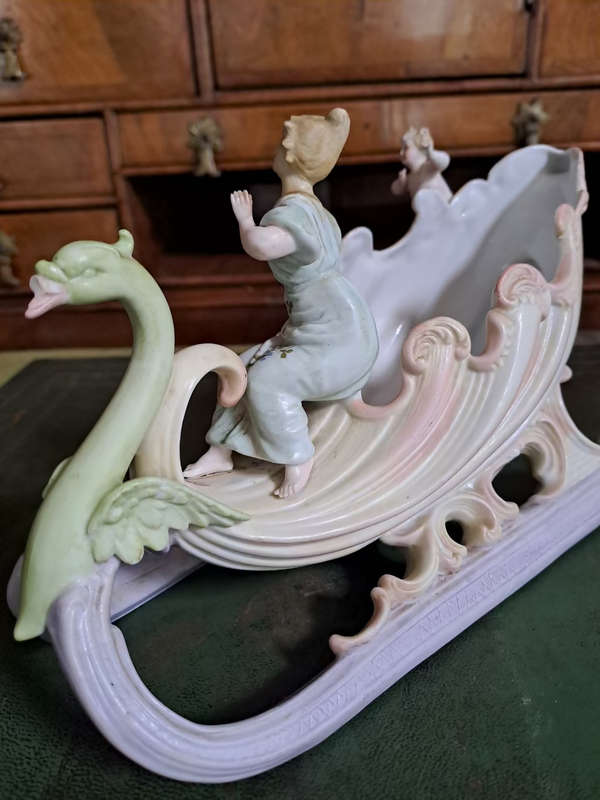 German Bisque Capodimonte Swan Sleigh Porcelain Cornucopia Centerpiece Vintage