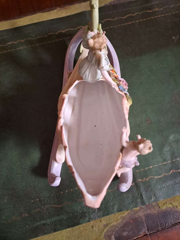 German Bisque Capodimonte Swan Sleigh Porcelain Cornucopia Centerpiece Vintage