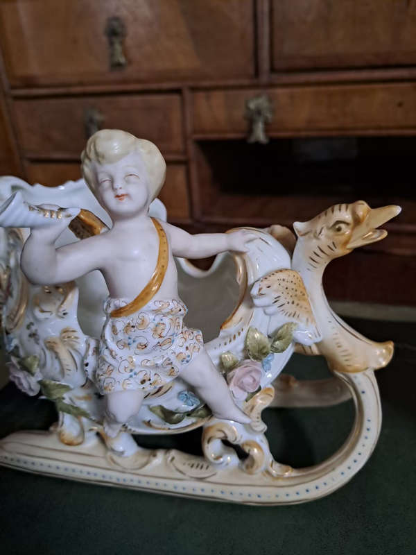 Fabulous Pair of vintage German bisque cherubs on sleighs center piece