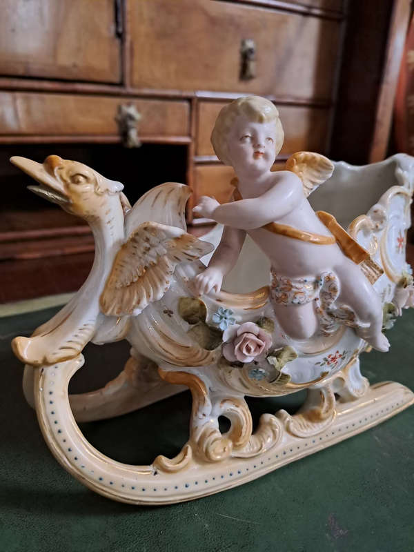 Fabulous Pair of vintage German bisque cherubs on sleighs center piece