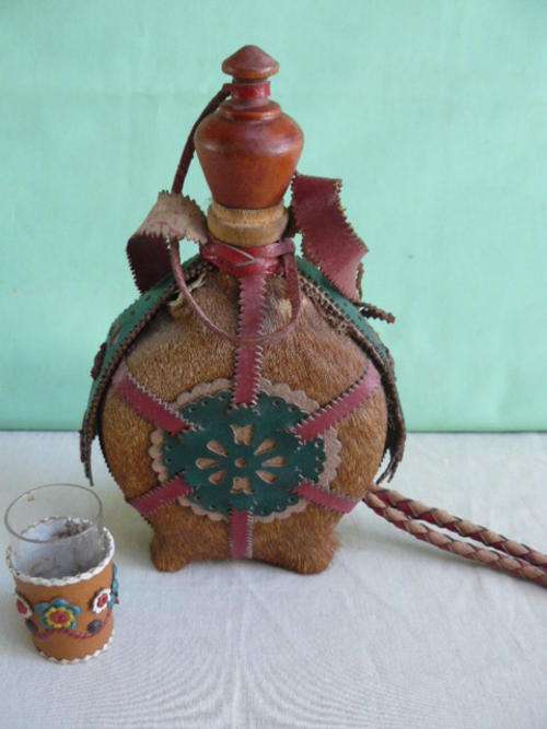 SPANISH HIDE SCHNAPS BOTTLE WITH TOT GLASS