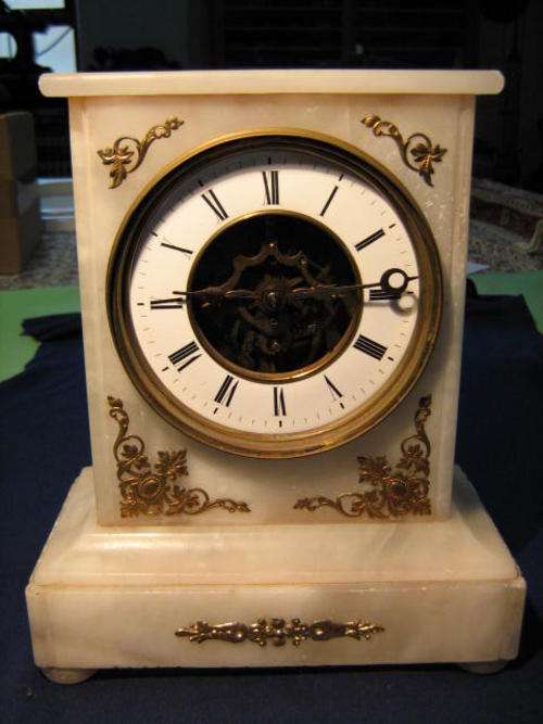 ANTIQUE MARBLE SKELETON MOVEMENT MANTLE CLOCK