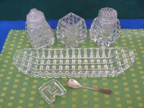 CONDEMENT SET LOVELY OLD CUT GLASS AND SPOON @@@@@@@@@@