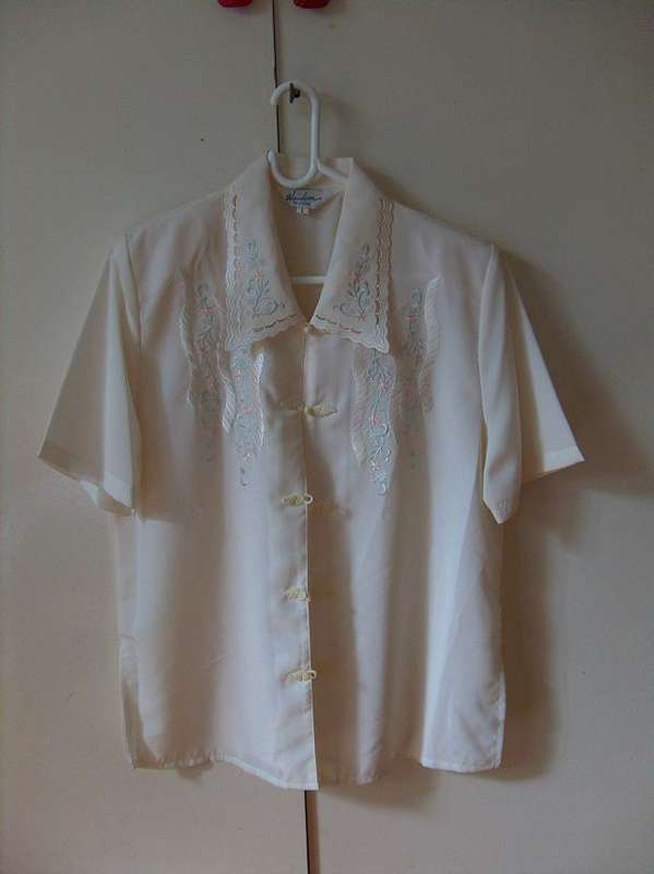 Cream silky blouse with embroidery detail and chinese style buttons Size M