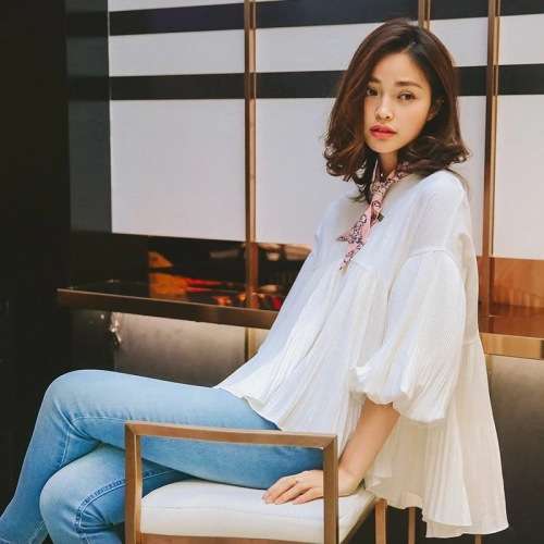 Di Reve Beautiful Amazing Ladies Round Collar White Casual Loose Slim Puff Sleeve Shirt/Top