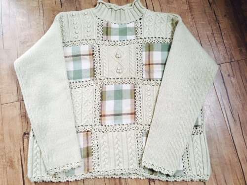 Amazing Ladies Vintage Style Warm Wool Green Grid Pattern Slim Figure Size L Sweater
