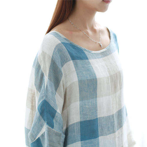 Classic Comfortable High-End Cotton Flax  Blue Grid Pattern Slim Figure Loose Batwing Sleeves Shirt
