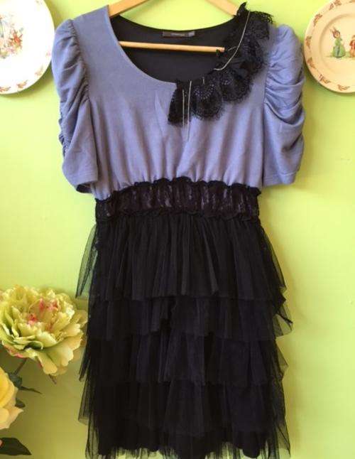 Ladies Stunning Stylish Unique Special Gauze Layers Cotton Blue Bubble Dress With Lace Flower