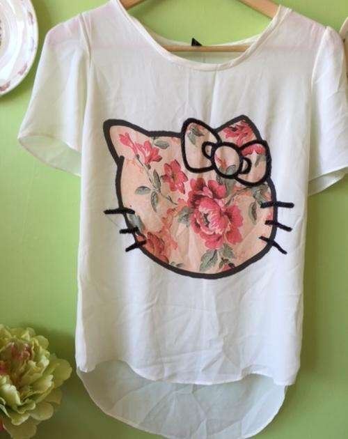 Special Cool Comfortable Light Yellow  Floral Flower Hello Kitty Print Chiffon T-shirt Top