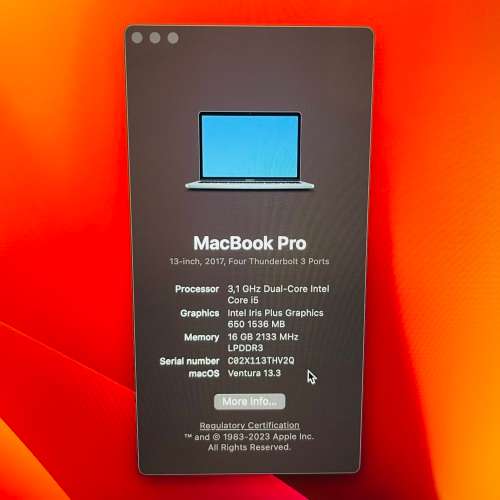2017 Apple Macbook Pro 13-inch Retina Display - Intel Core i5 - 16GB RAM - 256GB SSD Touchbar Sensor