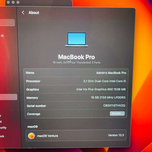 2017 Apple Macbook Pro 13-inch Retina Display - Intel Core i5 - 16GB RAM - 256GB SSD Touchbar Sensor