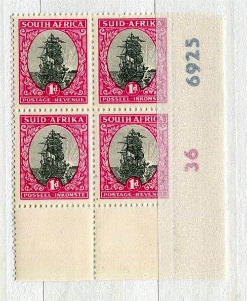 SOUTH AFRICA, 1940s-50s early Pictorial 1d. POSITIONAL MINT MARGIN BLOCK