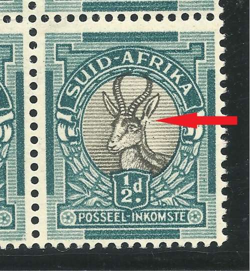 UNION VARIETIES - 1/2d B4 UHB Issue 21 V19 Row 2/4 - White "Bush Tick". MNH