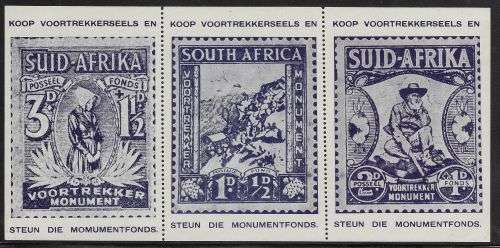 SOUTH AFRICA 1930's PUBLICITY LABELS LARGE FORMAT STRIP OF THREE FULL GUM LH.