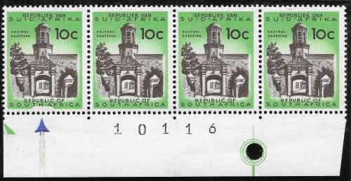 SOUTH AFRICA 196410c STRIP OF 4 VARIETY MAJOR BREAK IN BOTTOM FRAME HINGED IN MARGIN
