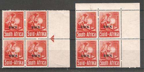 SWA Large Wars 6d cnr block with "Sparks" variety & Arrow block of four. NHM