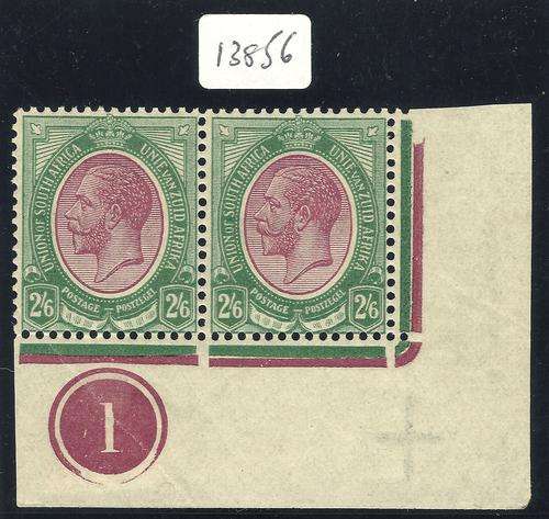 SOUTH AFRICA 2s6d CONTROL PAIR WITH ÂBROKEN HORNS IN WMK. HINGED IN MARGIN.