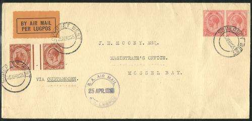 South Africa Airmail cover with 1 1/2d tete-beche vertical gutter pair applied.