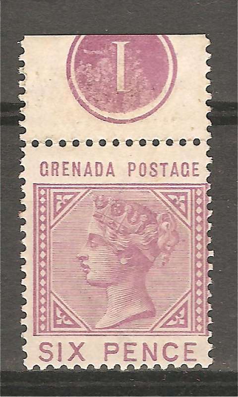 Grenada QV 6d hinged mint with plate No. INV. WMK.