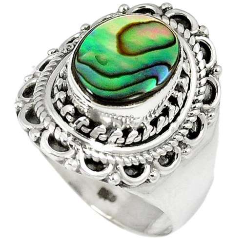 NATURAL GREEN ABALONE PAUA SEASHELL 925 STERLING SILVER RING SIZE 8.5