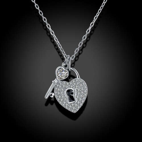 Gorgeous Sterling Silver & Cubic Zirconia heart lock & key Necklace