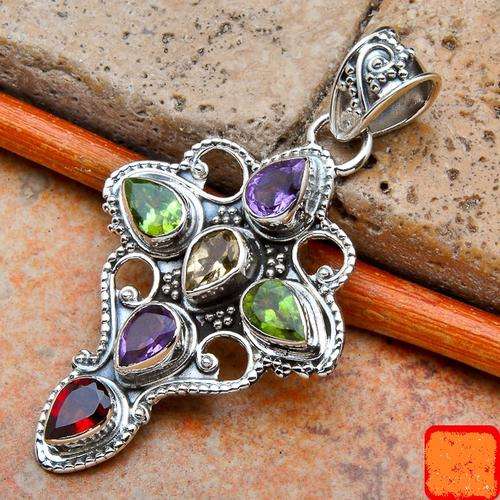 Exquisite Solid Silver Citrine, Garnet and Peridot Pendant...