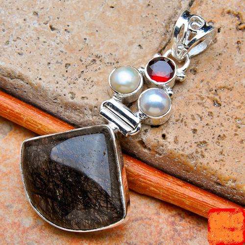Exquisite Solid Silver Tourmalinated Quartz, Garnet, Pearl Pendant...