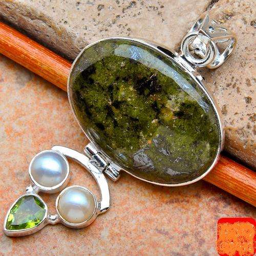 Exquisite Solid Silver Green Agate, Peridot, Pearl Pendant...