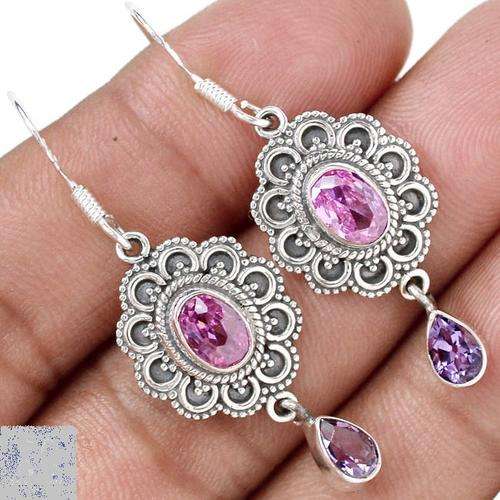 Exquisite 2,8cm long PINK KUNZITE & AMETHYST 925 STERLING SILVER EARRINGS